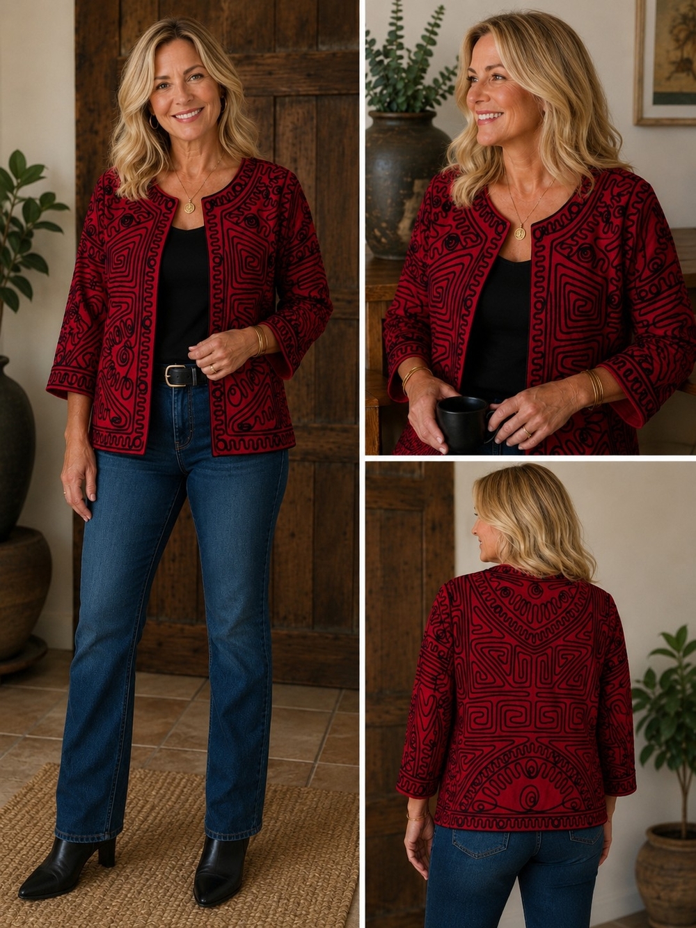 Joni Blair Vintage Red Patterned Open-Front Jacket